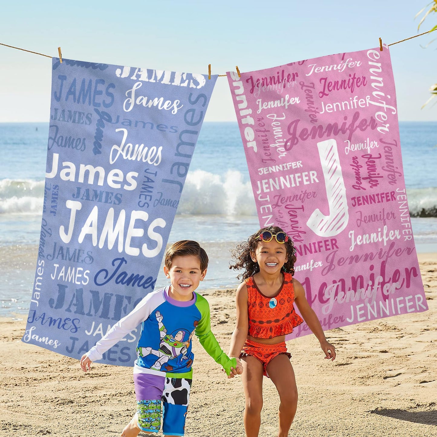 Yoltotude Personalized Kids Beach Towels Custom Sand Free Microfiber Beach Towel with Names & Monogram Customized Quick Dry Pool Towels for Girls Boys Standard Size Easter Gifts for Kids