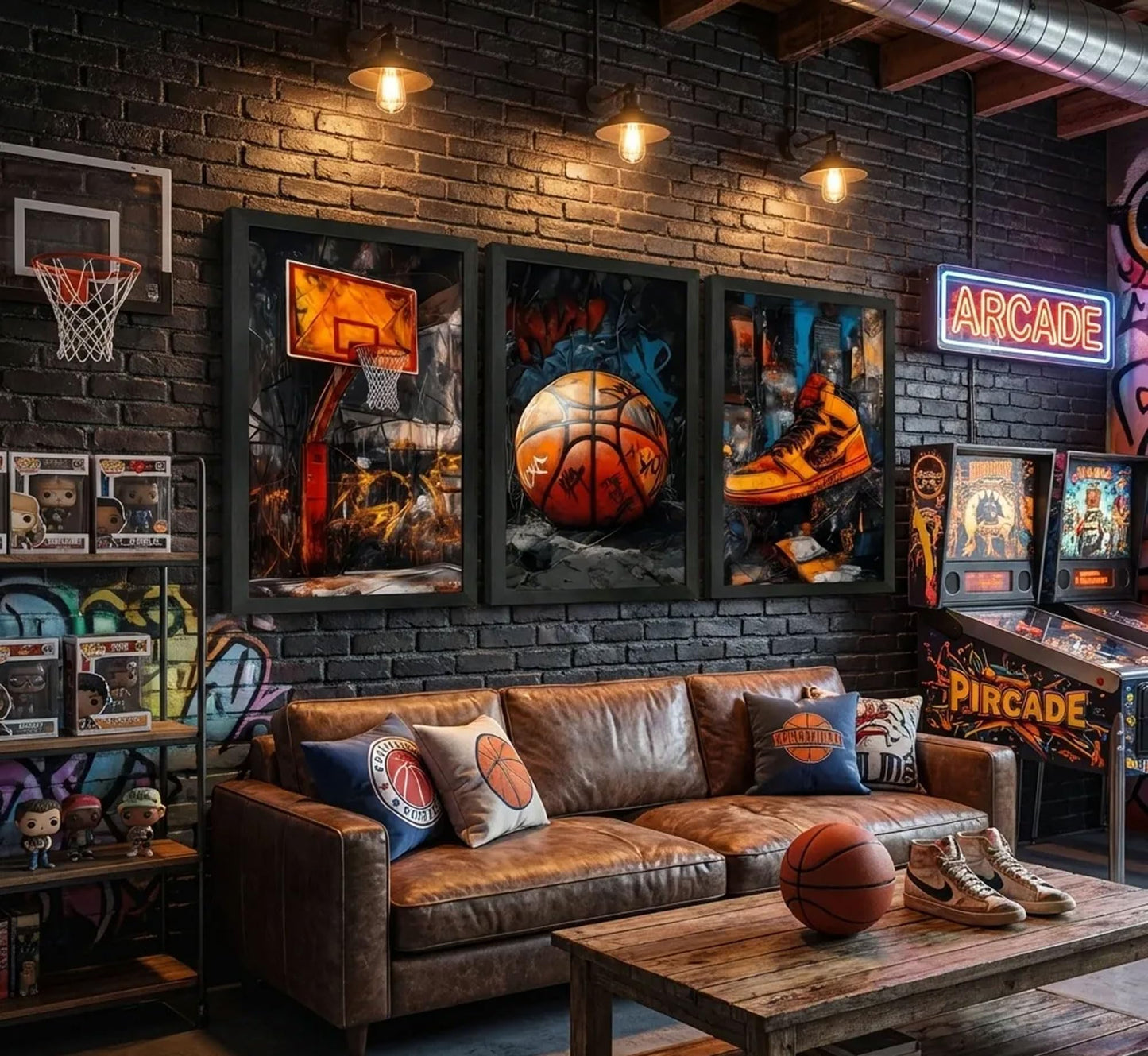 3Pcs Black Solid Wood Frame Graffiti Basketball Canvas Wall Art 12x16in