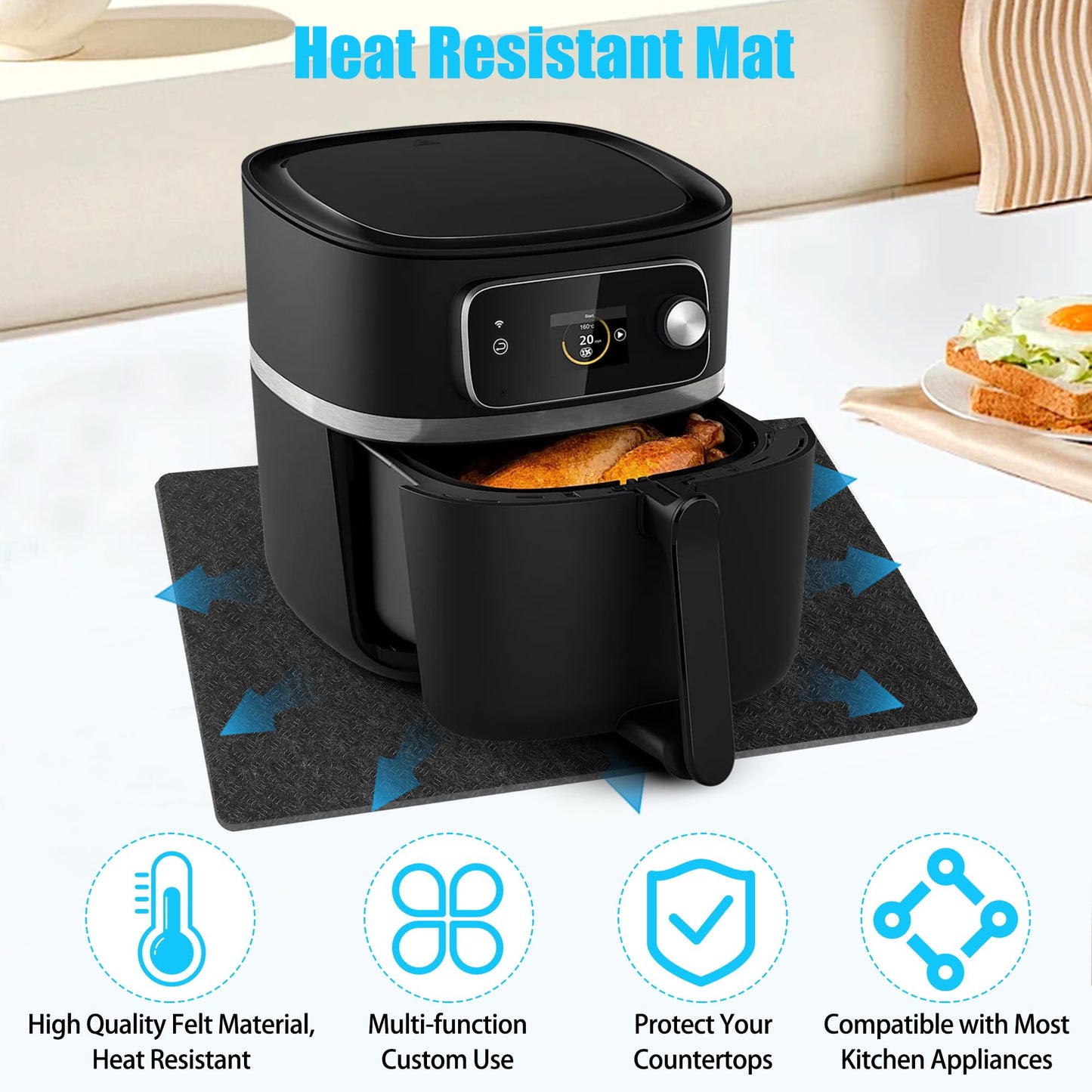 2 Pcs Heat Resistant Mat for Air Fryer, 12" x 17" Thickened Kitchen Countertop Protector Mat Cut to Fit, Non Slip Heat Proof Pad with Sliding Function for Blender, Coffee Maker, Toaster, Microwave