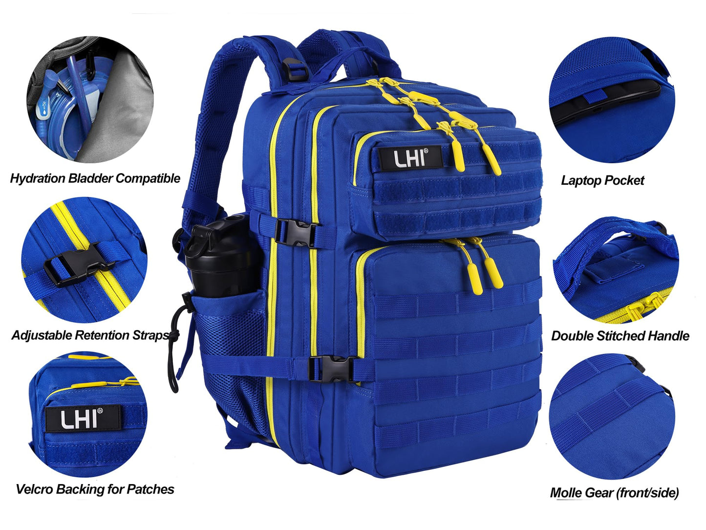 LHI Military Tactical Backpack for Men and Women 45L Army 3 Days Assault Pack Bag Large Rucksack with Molle System - Blue with yellow zipper