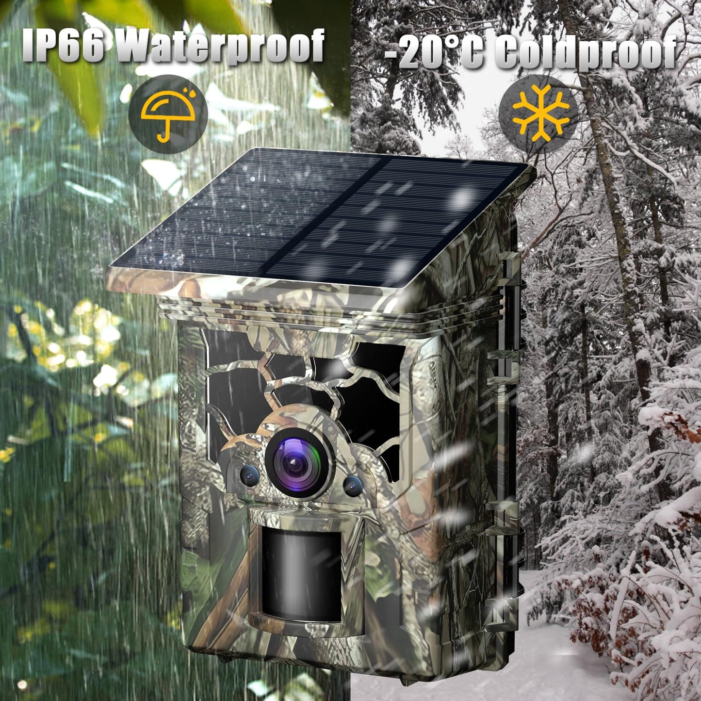 Zelvor Trail Camera Solar Powered 4K 46MP, WiFi Bluetooth Game Camera with 32GB Memory Card, 130° Wide Angle, Motion Activated 0.3s Trigger, IP66 Waterproof No Glow Night Vision