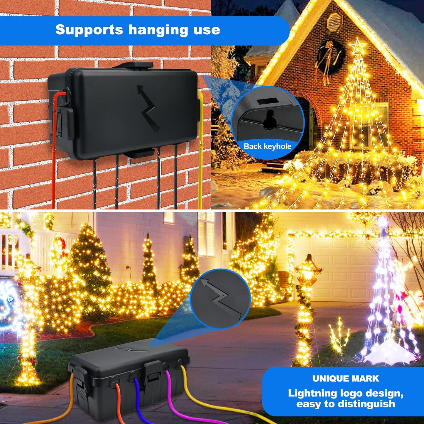 Hrensaw Medium Outdoor Electrical Box(10.6x5.5x4.5inch),IP54 Waterproof Extension Cord Cover w/6 Cable Entry,Weatherproof Connection Box Protect Power Strip,Timer,Plug,Holiday Lights,Black
