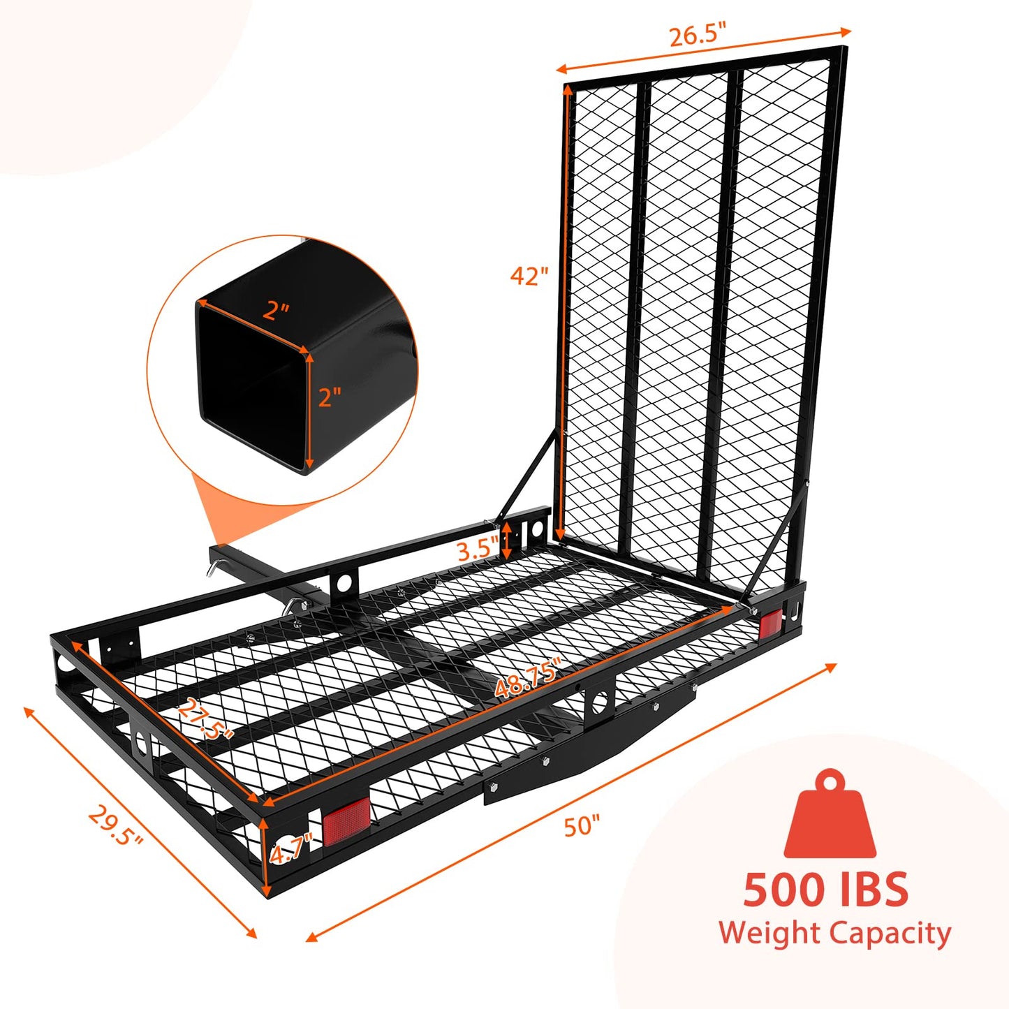 Goplus Mobility Scooter Carrier, 50” x 29.5” Folding Wheelchair Carrier for Car with 42” Ramp, Stabilizer & 2 Tie Down Straps, 500 LBS, Fit 2" Hitch Receiver, Hitch Cargo Carrier for SUV Car