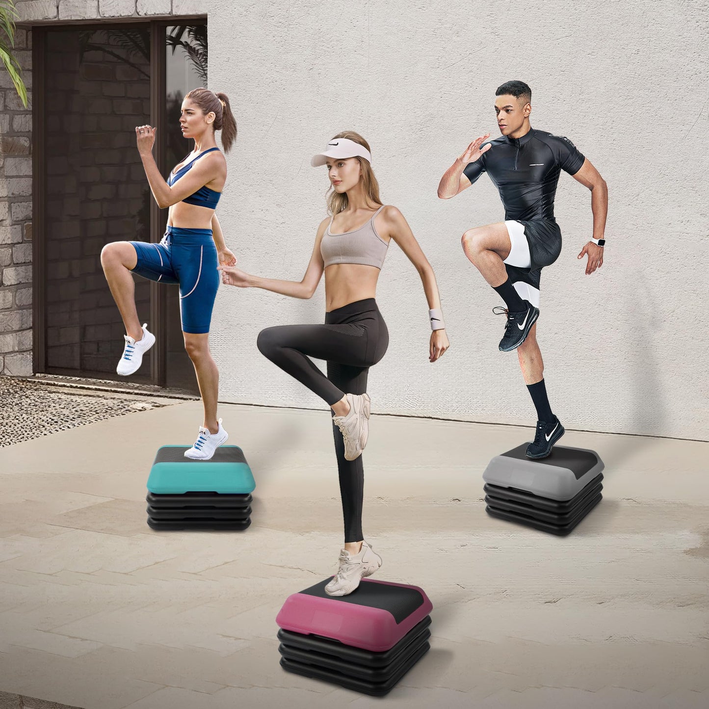 Fitvids 16''x 16'' Adjustable High Step Aerobic Step Platform with 4 Stackable Risers, Workout Step Platform for Exercise at Home, Stepper with Non-Slip Surface for Fitness Training, Cardio Strength, Pink