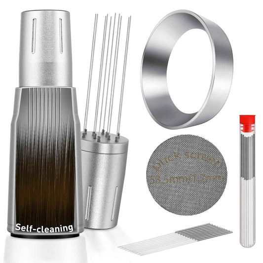 WDT Tool Espresso Distributor Accessory kit &1.7mm Thickness 150μm Mesh Puck Screen & 8 Magnets dosing ring Compatible with Breville Portafilter (WDT +54MM silver dosing ring&Puck Screen)