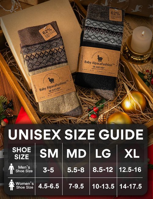Juclise Alpaca Wool Unisex Winter Heavyweight Crew Socks Hiking Boot Warm Thick Thermal Cushioned Moisture Wicking (US, Alpha, Large, Regular, Regular, Beige Pattern+black Pattern)