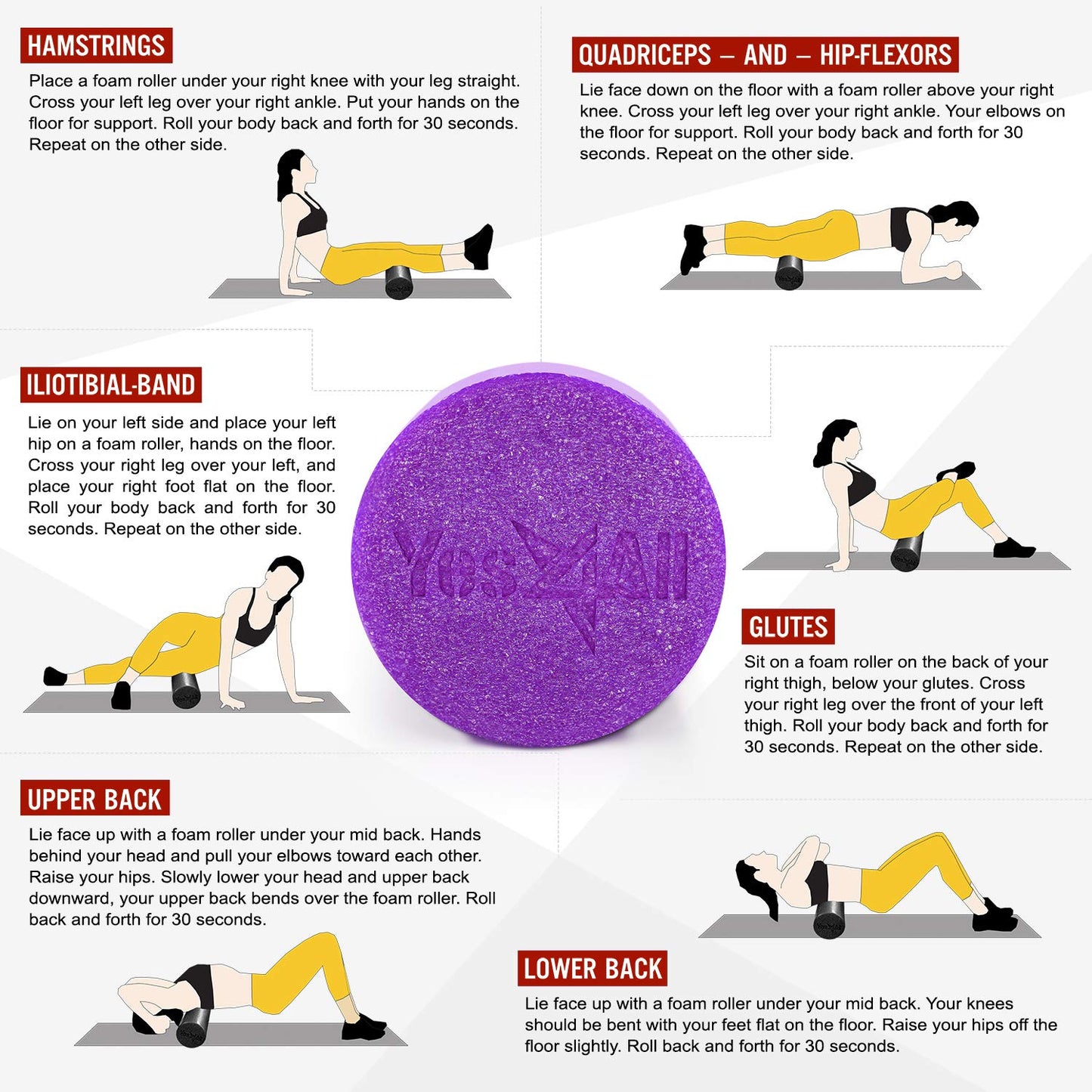 Yes4All Medium Firm Round PE Foam Roller 12, 18, 24, 36 Inches for Pilates, Yoga, Stretching, Balance & Core Exercises