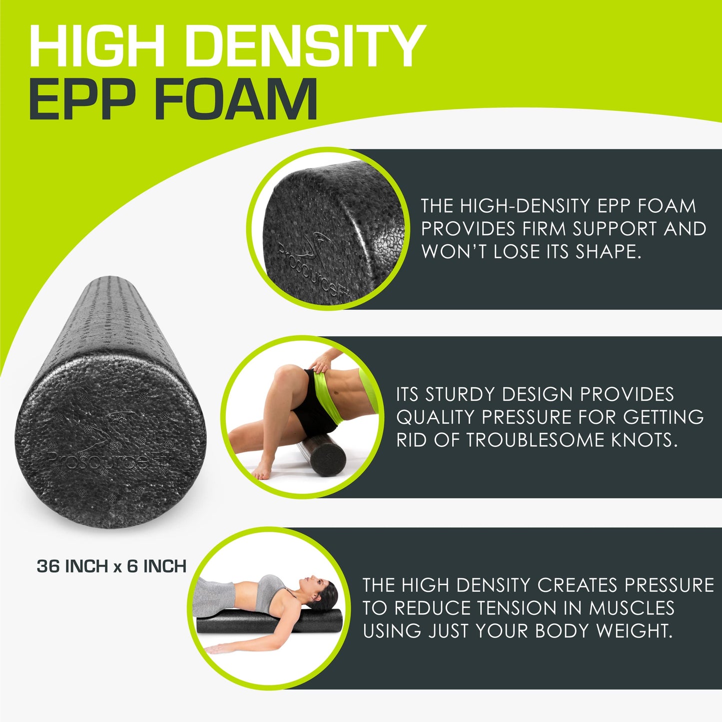 ProsourceFit High Density Foam Rollers 36 - inches long, Firm Full Body Athletic Massage Tool for Back Stretching, Yoga, Pilates, Post Workout Muscle Recuperation, Black