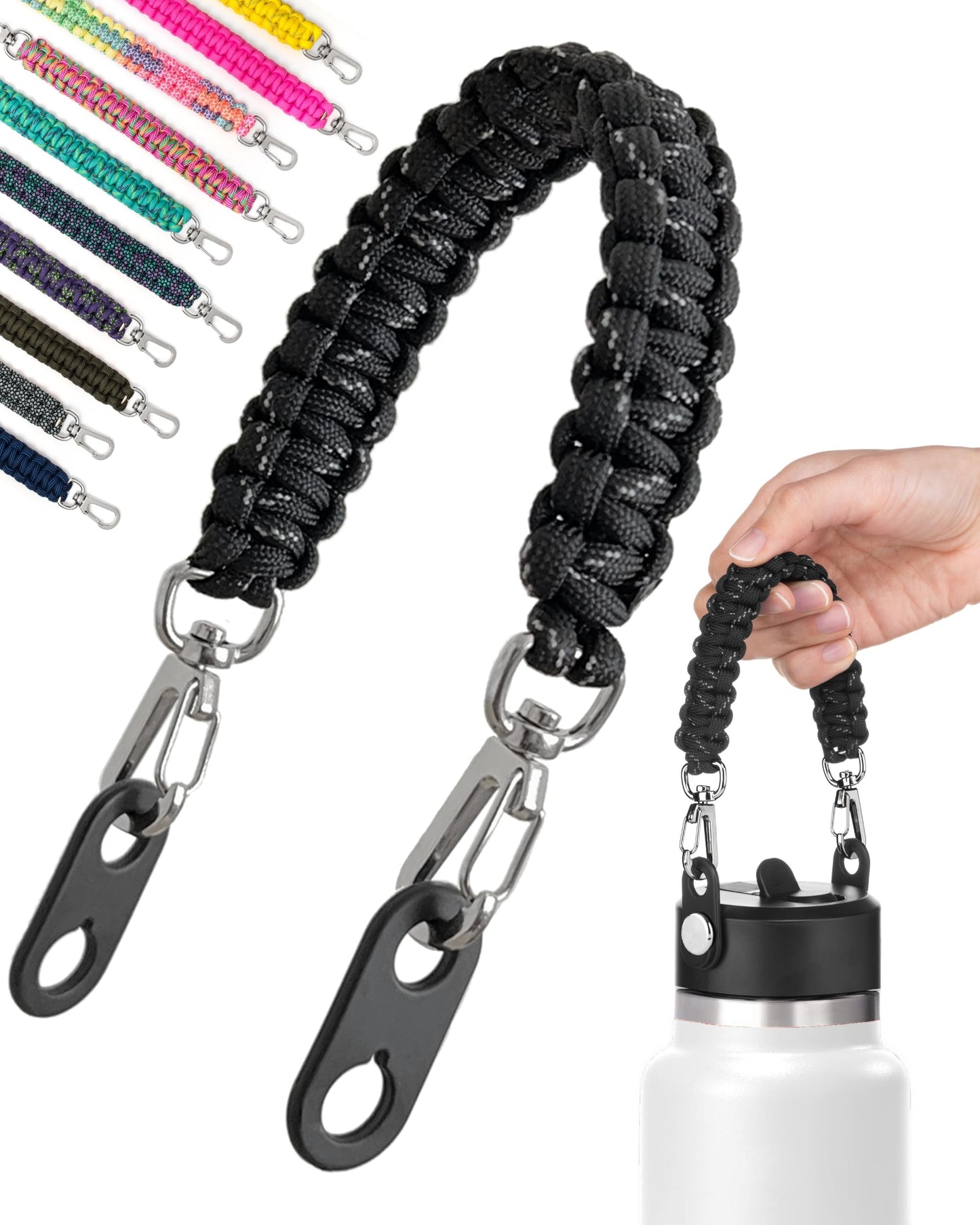 Gearproz HydroCord 3.0 H, Replacement Handle and Clips for Hydroflask Lids with Rivets, Fits Wide Mouth Bottles 12oz-64oz, Shoulder Strap, Water Bottle Handle, Durable Carrier (Black)