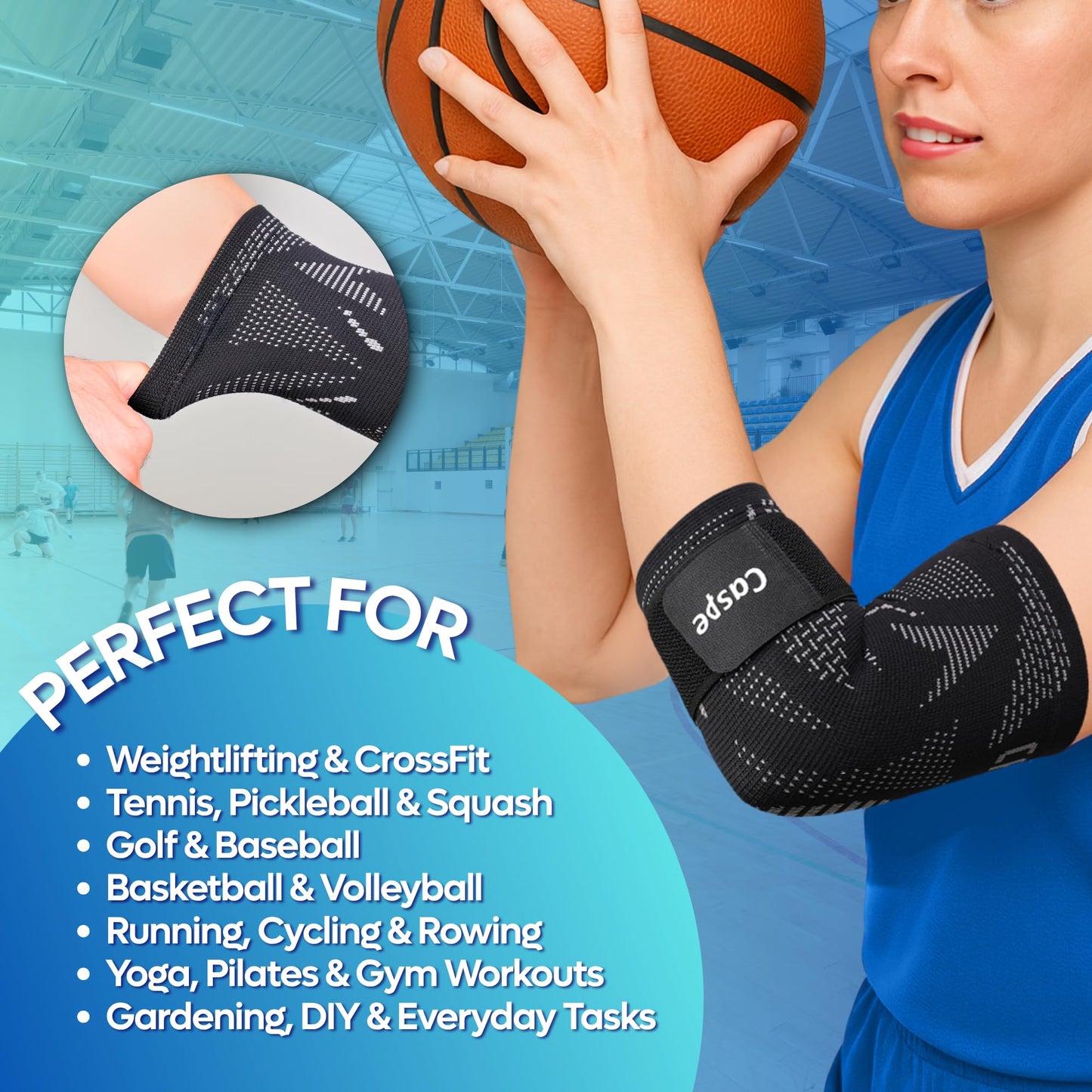 Caspe 2 Pack Elbow Compression Sleeve with Strap – Compression Sleeves for Women & Men, Arm Support, Elbow Brace for Tendonitis Relief, Support for Weightlifting & Workouts (Black, Large)