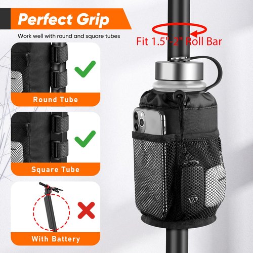 Belinous Scooter Cup Holder for 8-32oz Bottles, Wheelchair Walker Water Bottle Holder for UTV Roll Bar Bike e-Bike Golf Cart and Boat, Drink Holder with Net Pockets and Hook and Loop Straps