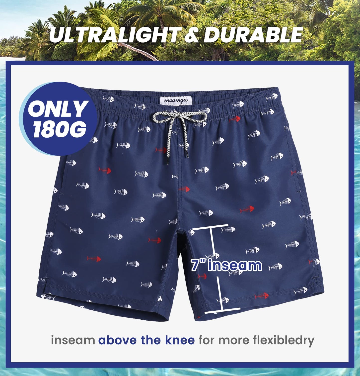 maamgic Mens Swim Trunks Quick Dry Swim Shorts with Mesh Lining Funny Swimwear Bathing Suits 7inch Navy Blue X-Small