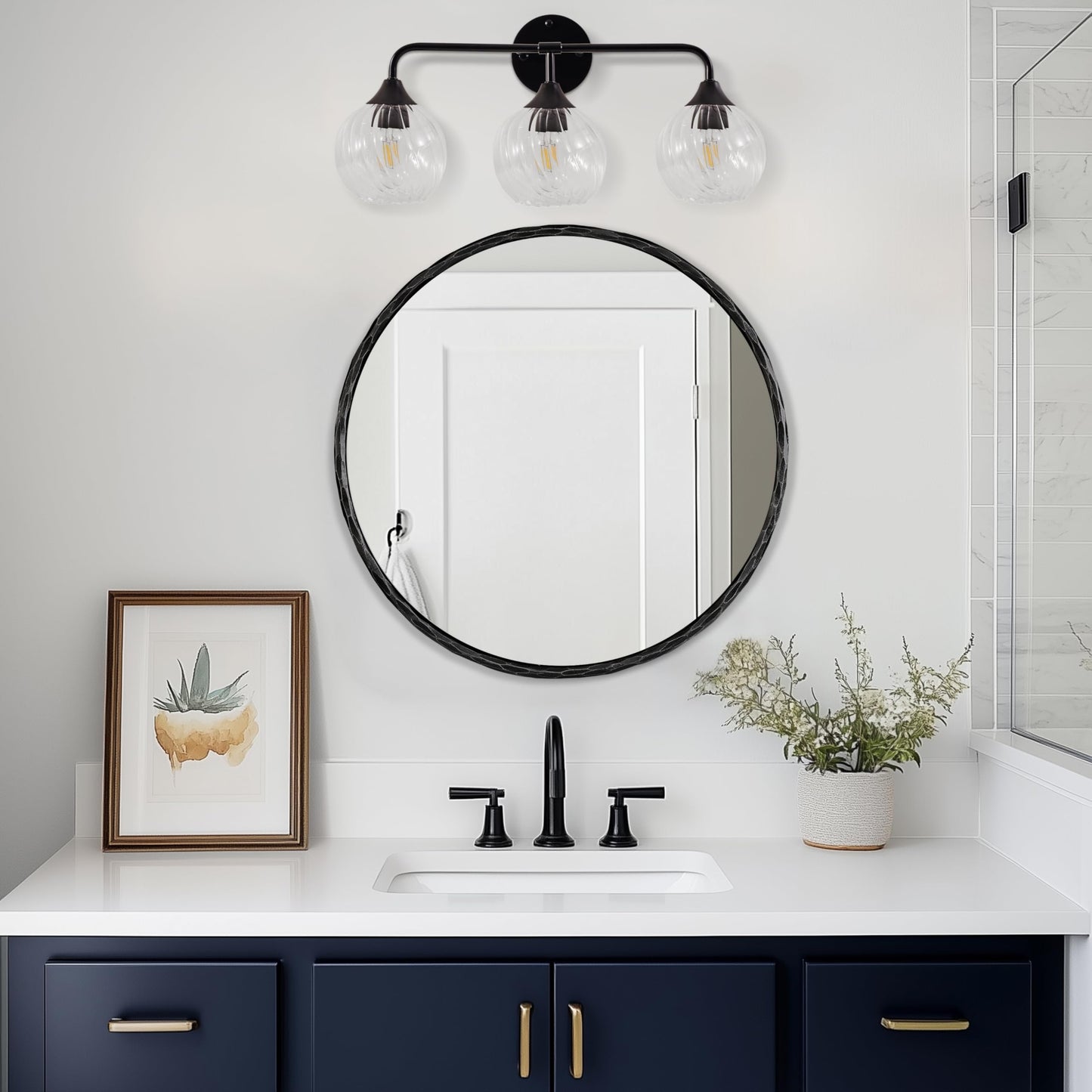 ANDY STAR 3-Light Matte Black Bathroom Vanity Light, 22” Modern Wall Sconce with Clear Spiral Glass Shades, Anti-Rust Metal Lighting Fixture for Bathroom Mirror, Powder Room, E26 Base