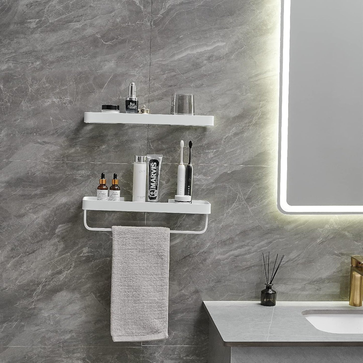Wall Mounted Glass Bathroom Shelves - 2-Tier Floating Organizer in Black