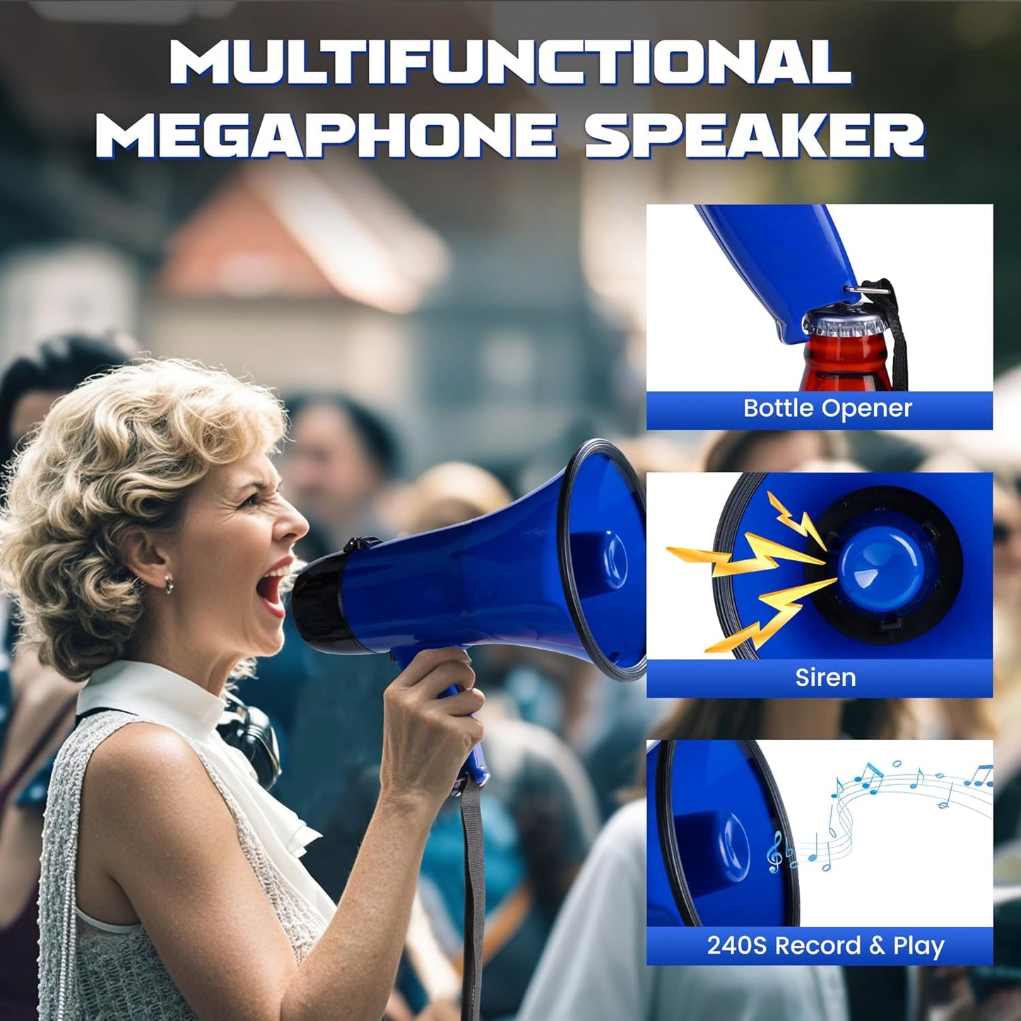 MyMealivos 20W Megaphone Bullhorn - Portable with Siren & 240s Recording | Volume Control, 300ft Range