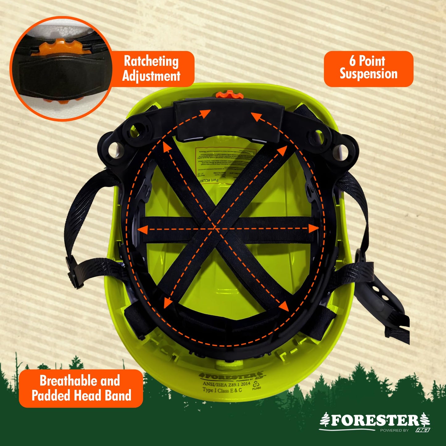 FORESTER Arborist Safety Helmet | ANSI Z89.1-2014 Certified, Class E & C | 6-Point Suspension Hard Hat | Forestry Helmet for Tree Climbing, Logging, Rescue | Green