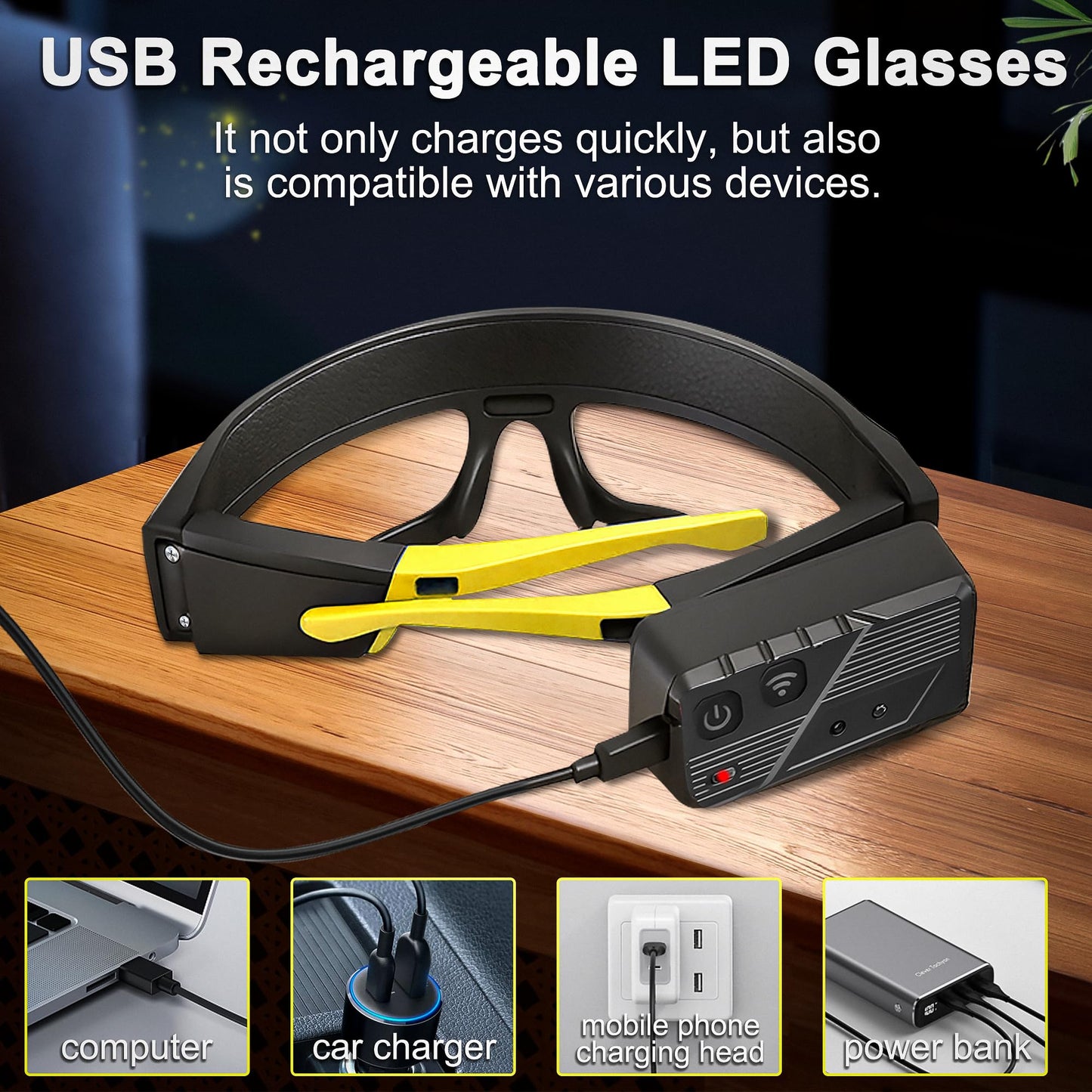 JORMIX LED Rechargeable Headlight Glasses with Motion Sensor & Touch Control 5 Modes USB C Light Up Glasses Lighted Eyewear (Black+Yellow)