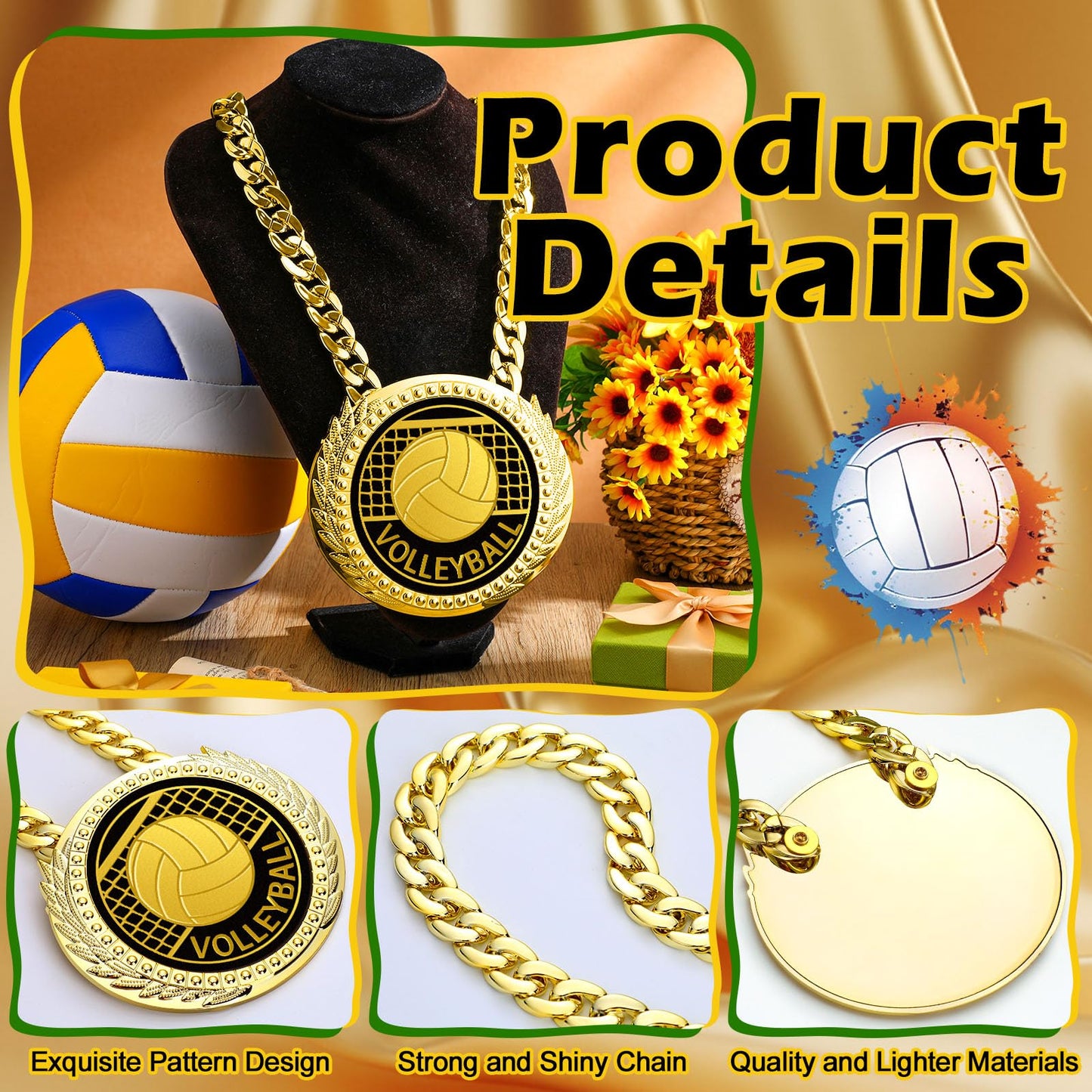 Tondiamo Sports MVP Turnover Chain Medal 6 Big Gold Champ Award Necklace Chain Baseball Basketball Football Soccer Softball Volleyball Sports Competitions Prize Gifts and Party Favors(Volleyball)
