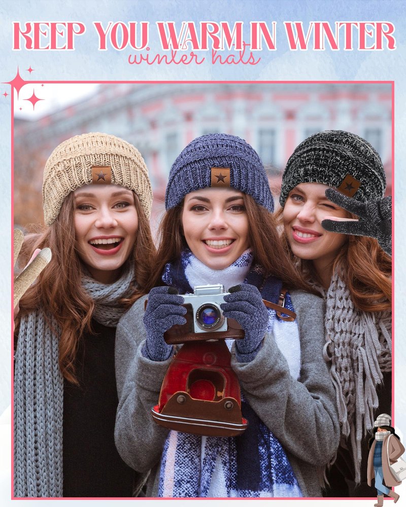 JaGely 8 Pieces Women Winter Hats and Gloves Set Women Warm Touchscreen Knitted Lined Gloves Winter Beanies(Navy Blue, Wine Red, Mixed Black White,Mixed Khaki,Without Pom Pom)