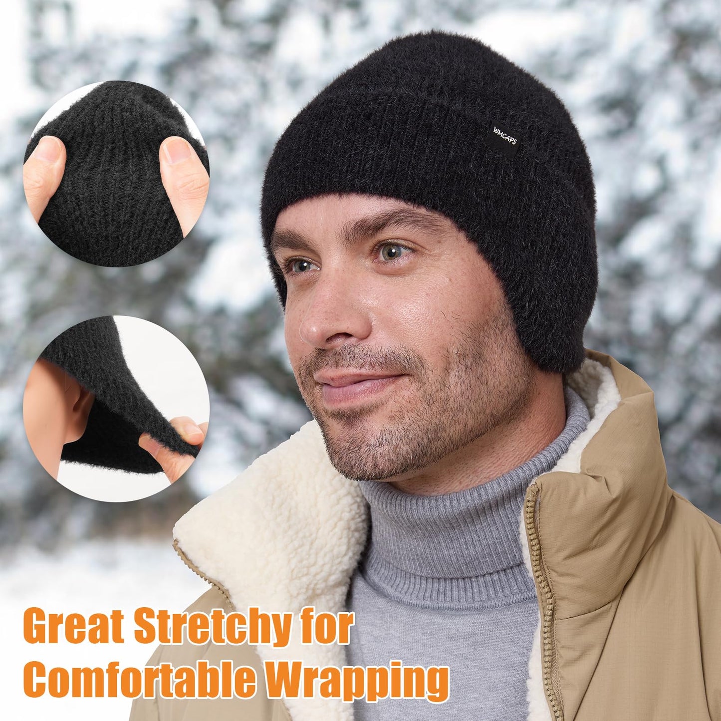 Wmcaps Fleece Lined Beanie with Earflap, Warm Thermal Knit Winter Hats for Men Women, Outdoor Stocking Cap Black