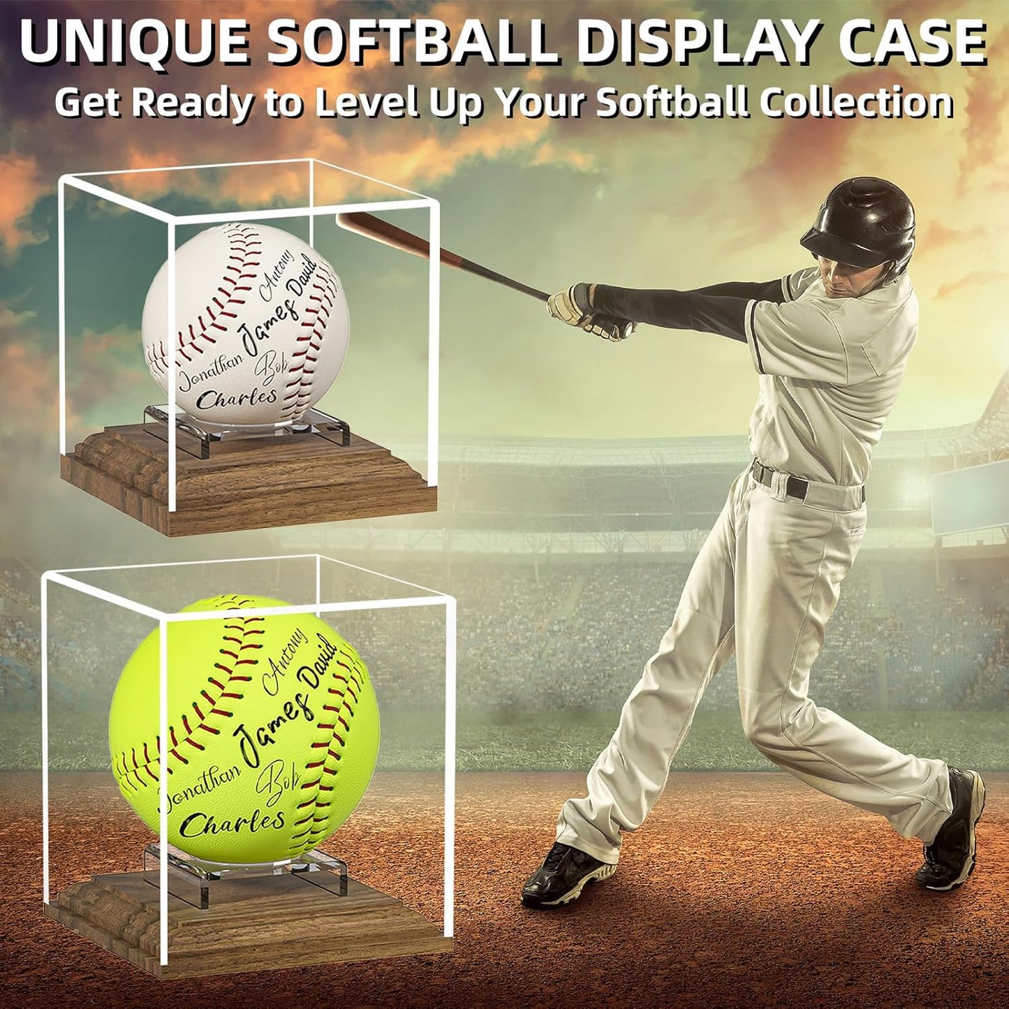 Skiennix Softball Display Case - Acrylic Holder with Walnut Wood Base for Official Size Balls