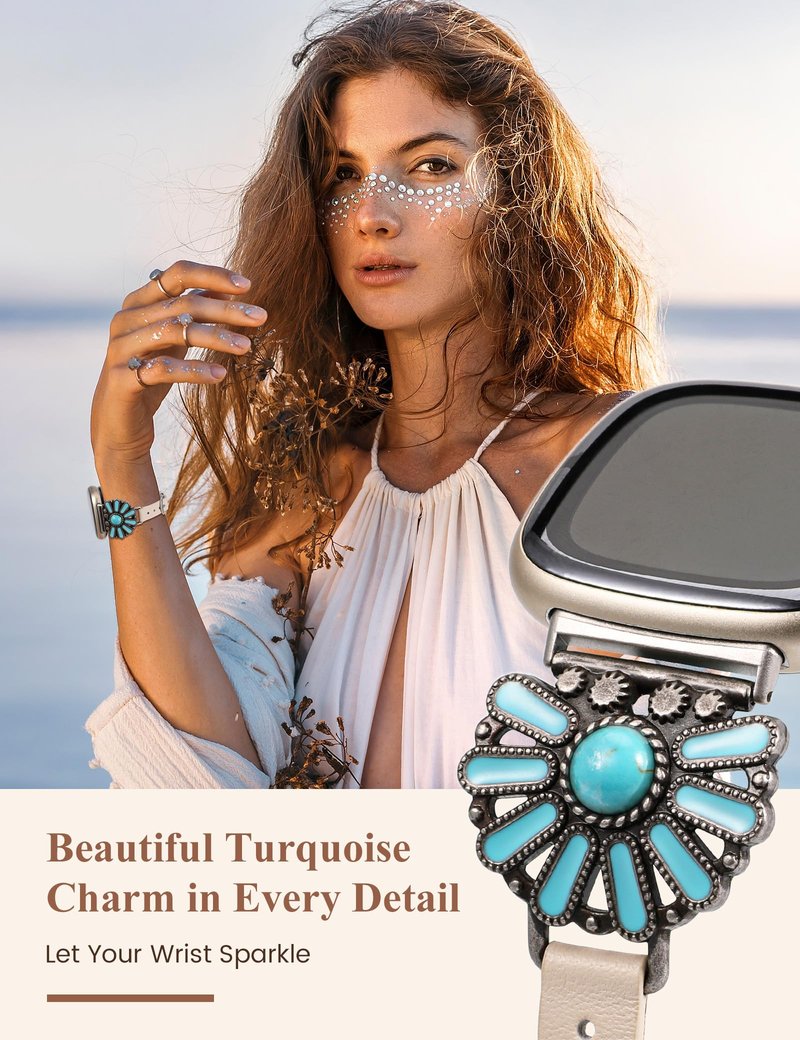 Moolia Turquoise Strap Compatible with Fitbit Versa 4/Versa 3/Sense 2/Sense Band for Women Strap, Boho Western Vintage Style Strap for Versa 4/Versa 3 Watch Band