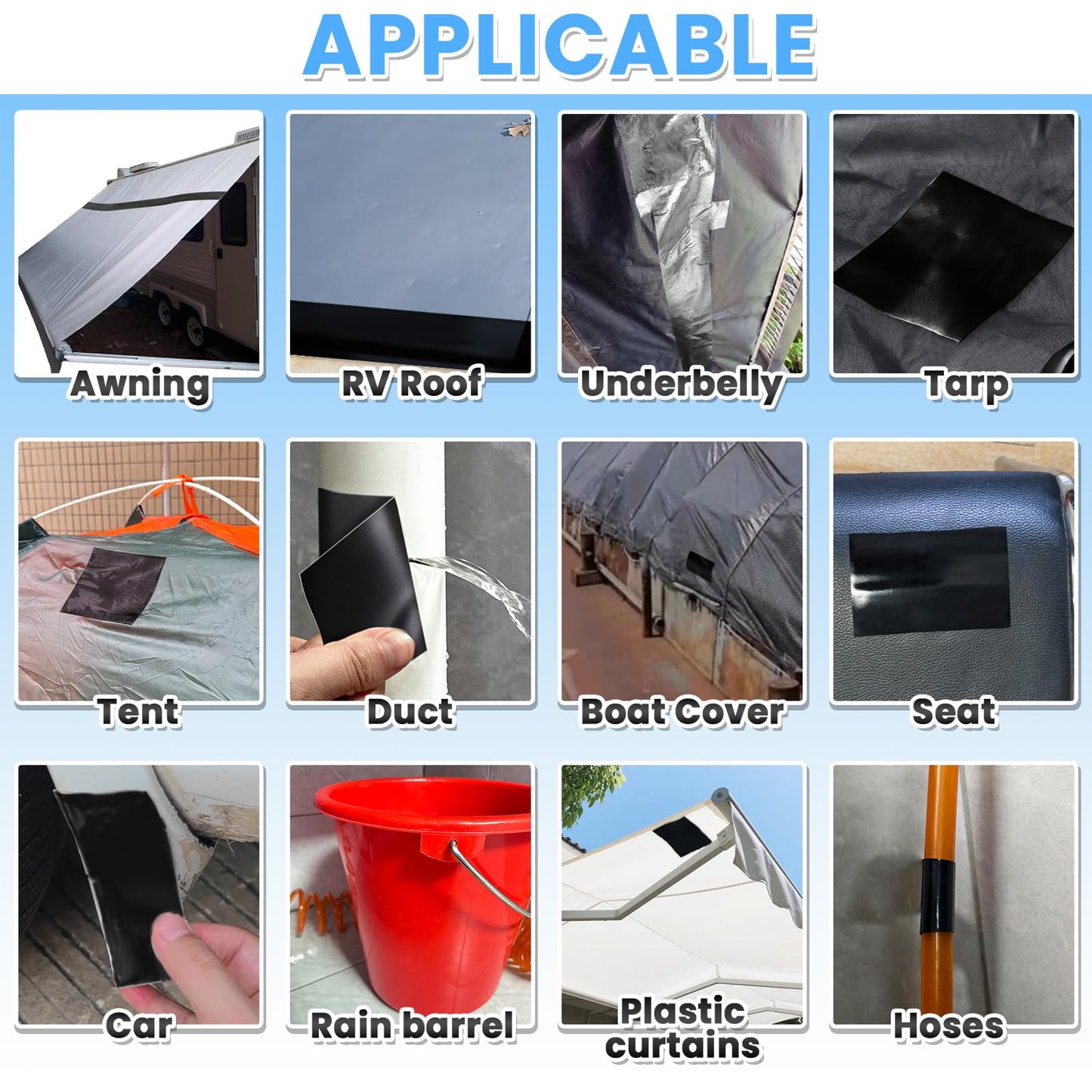 Tikfoam Waterproof Repair Tape for Fabric, Plastic, Awning, RV Underbelly, Tarp, Tent, Sail and Boat Cover Outdoor Repair Patch, Heavy Duty,4 Inch x 10FT Black