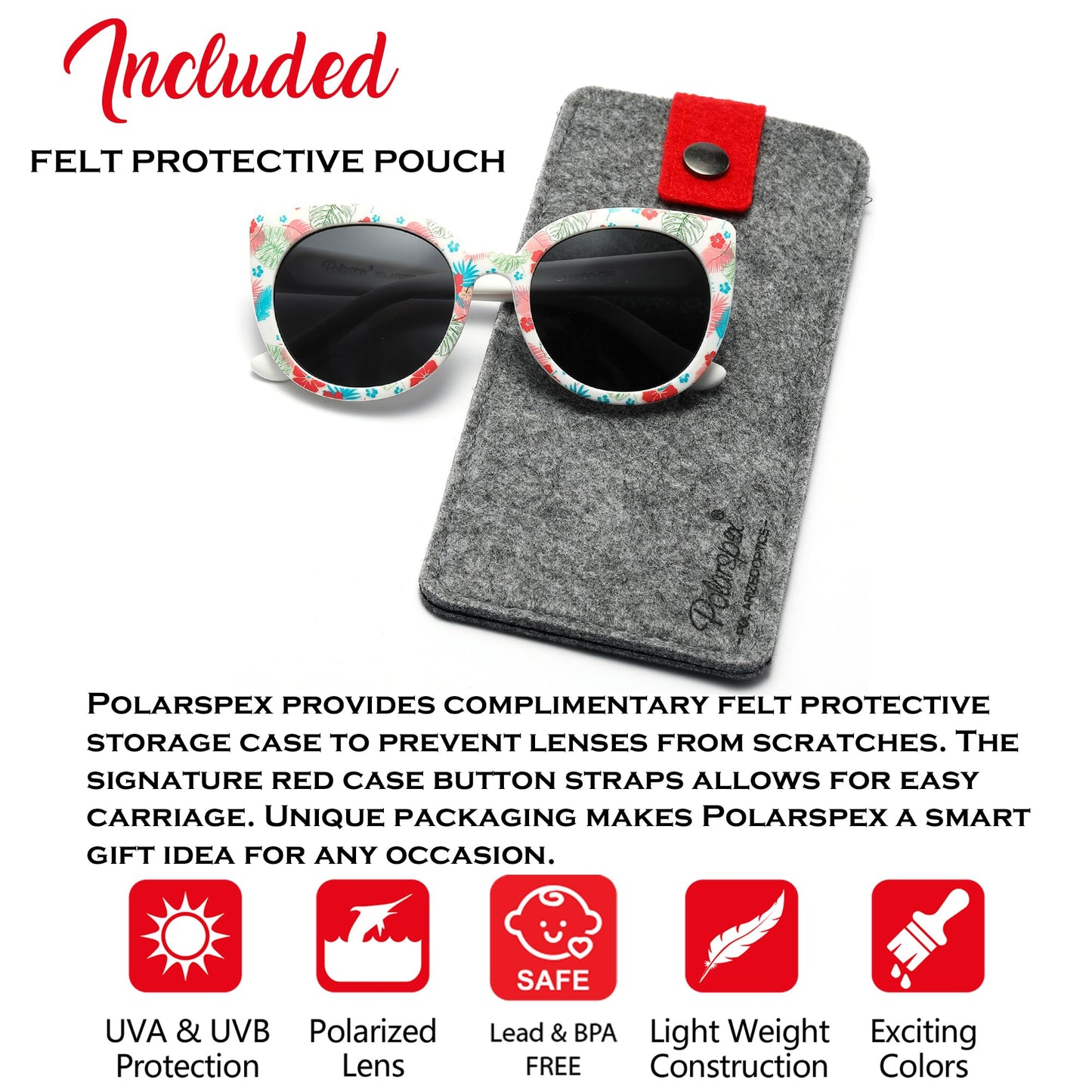 PolarSpex Toddler Sunglasses – Polarized UV Protection Cat Eye Sunglasses with Unbreakable Frame for Girls Age 2-8 (Hibiscus Flower | Polarized Smoke, 45, Millimeters)