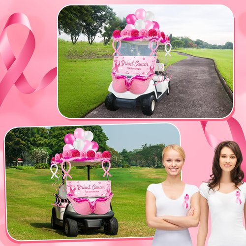Soulchen 67 Pcs Breast Cancer Awareness Golf Cart Decoration Breast Cancer Pink Ribbon Flag Banner Balloon Swirls Tablecloth Fur Strips Trim Paper Flower for Golf Cart Party (Ribbon Pattern Banner)