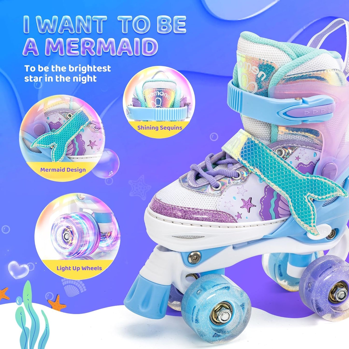 NEMONE Adjustable Light-Up Roller Skates for Girls | Purple & Blue | Perfect for Beginners & Toddlers