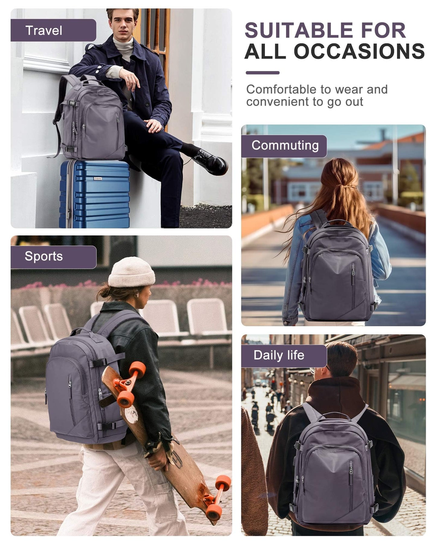 BJLFS Large Travel Backpack for Women Men,Carry On Backpack,Hiking Backpack Waterproof Outdoor Sports Rucksack Casual Work Gym Weekender Daypack Travel Essentials（simple, Purple）