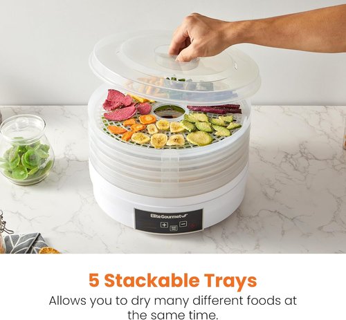 Elite Gourmet Digital Food Dehydrator - 5 BPA-Free Trays, Adjustable Timer & Temperature Control | White