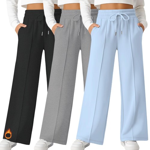 LessonZoo Girl's Fleece Lined Sweatpants, Wide Leg High Elastic Waist Jogger Straight Leg Baggy Drawstring Pants with Pockets(Blue, Gray, Black,9-10 Years)