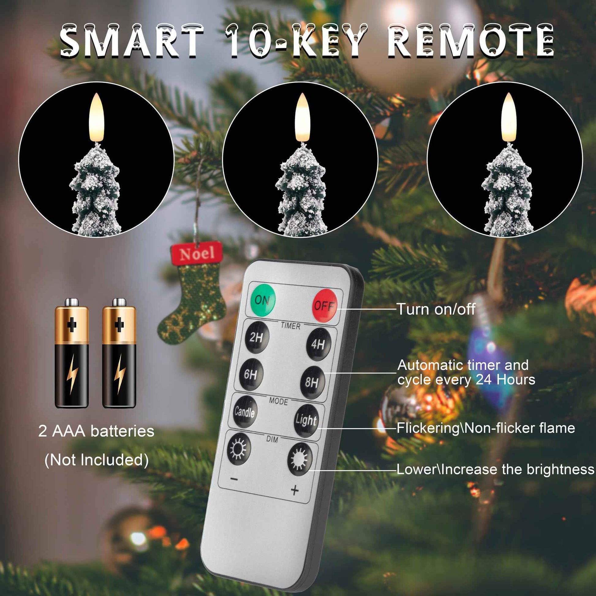 AFINETH Christmas Tree Candles With 3D Wick, 11.4" Green Real Wax Flameless Taper With Remote, Flickering LED Xmas Candlesticks Battery Operated for Home, Party Decor, 2 Pack