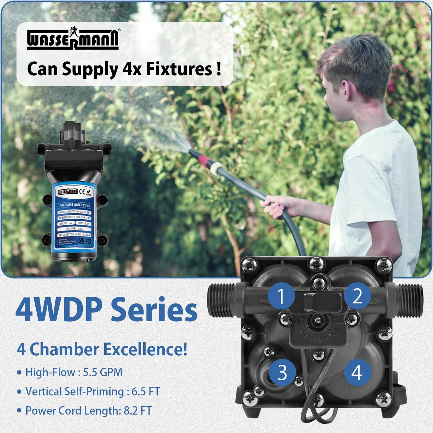 WASSERMANN 115V AC Fresh Water Pressure Booster Pump, 5.5 GPM 60 PSI,Self-Priming Diaphragm Pump with 8.2 FT Power Cord & Plug, Pressure Switch, for Garden Kitchen Bathroom RV Marine Camper, 1/2" NPSM