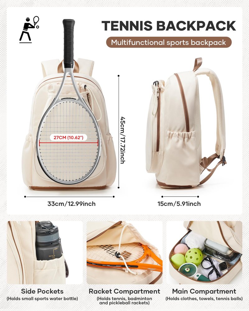 bergsalz Tennis & Pickleball Bag for Women Men, Fits 1 Racket or 2 Paddles, Lightweight Waterproof Tennis Backpack with Shoe Compartment & Wet Pocket For Training, Gym & Travel, Beige Brown