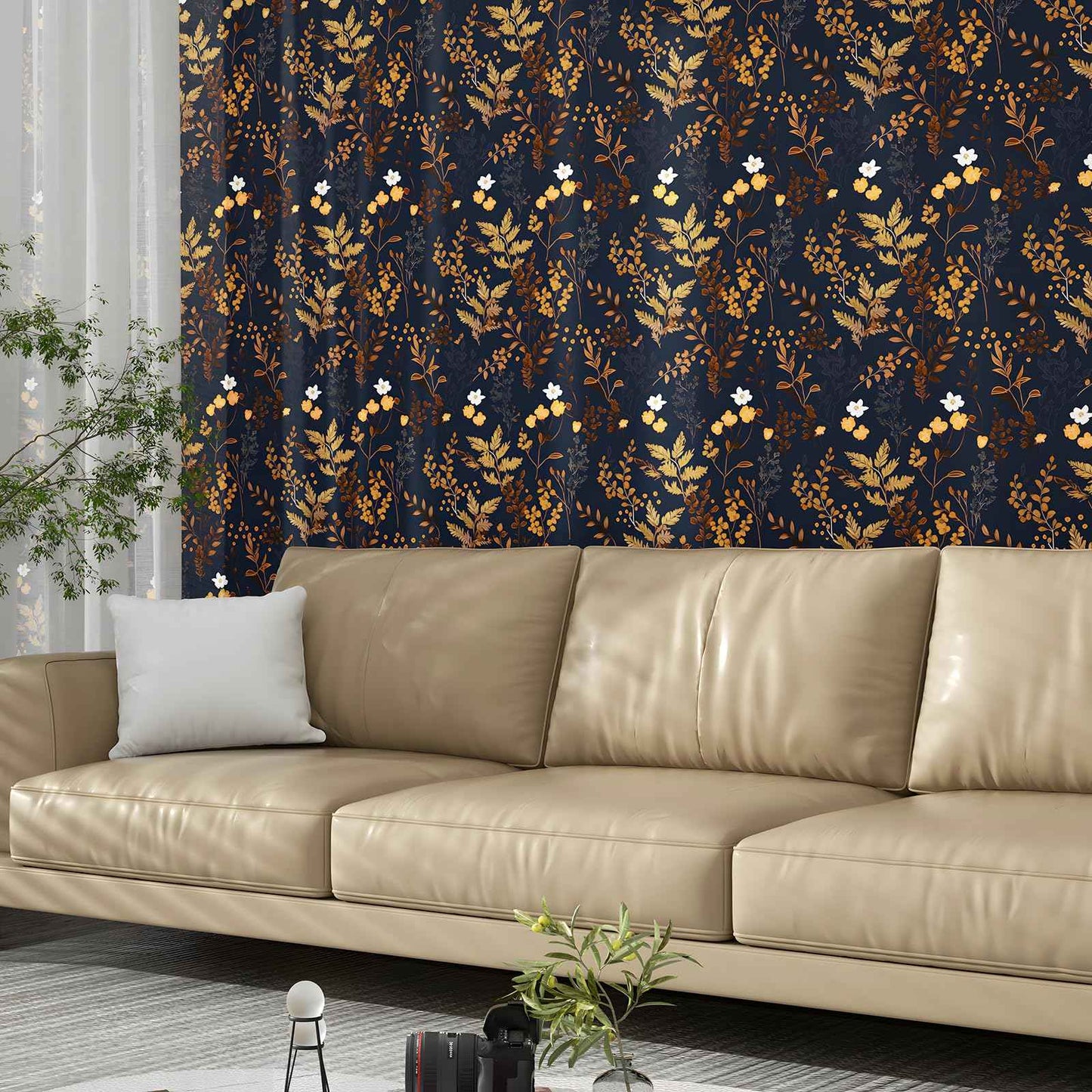 XRUIBZI Dark Blue Floral Wallpaper Peel and Stick Wallpaper Leaf Wallpapers Gold Leaf Contact Paper for Cabinets Waterproof Self Adhesive Wall Paper for Kitchen Countertop Wall 17.5" x 118"