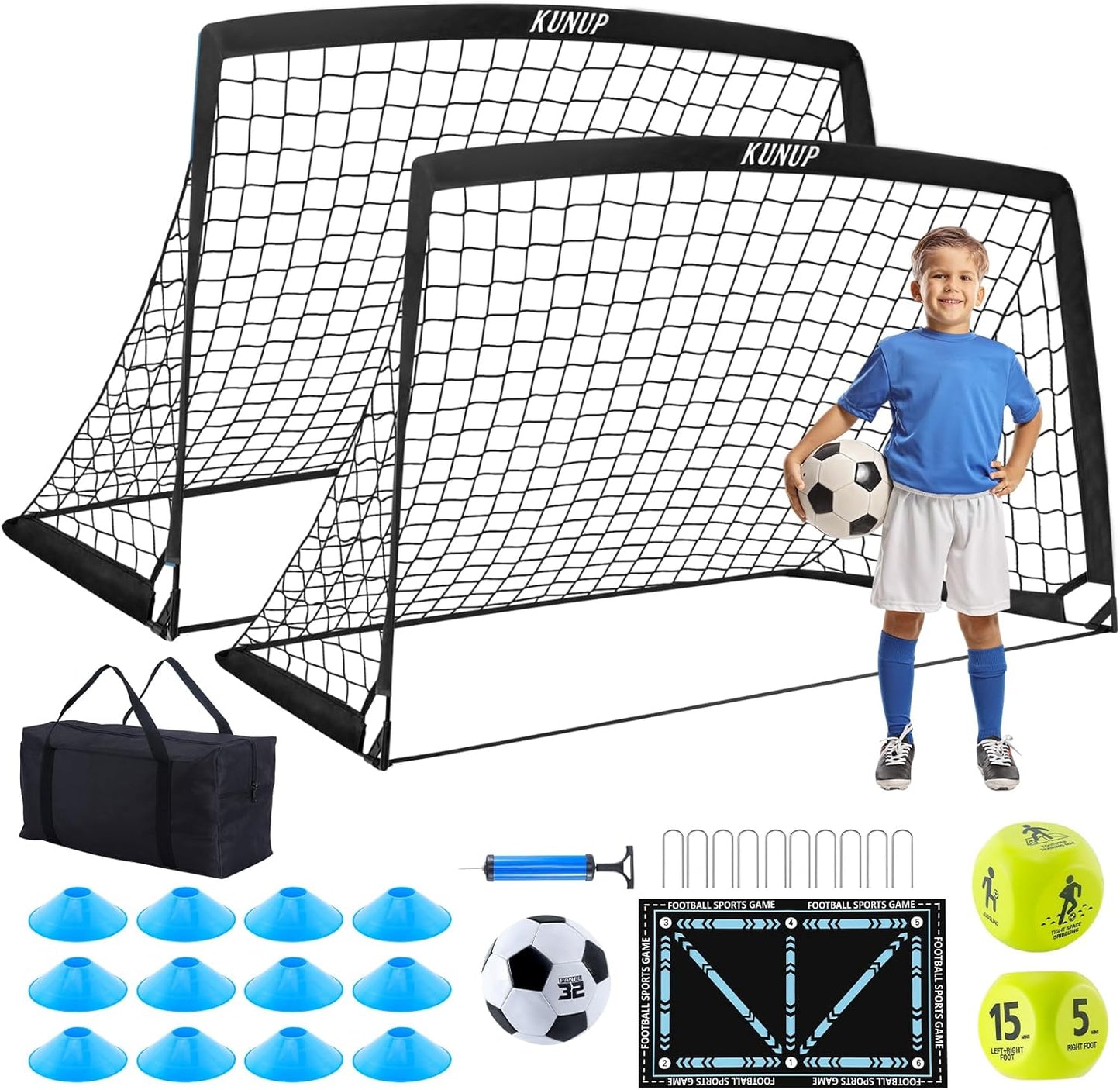 Skiennix Kids Soccer Goals - Portable Foldable Practice Nets with Training Equipment Set | Includes Ball, Dice, Mat, Cones & Carry Bag
