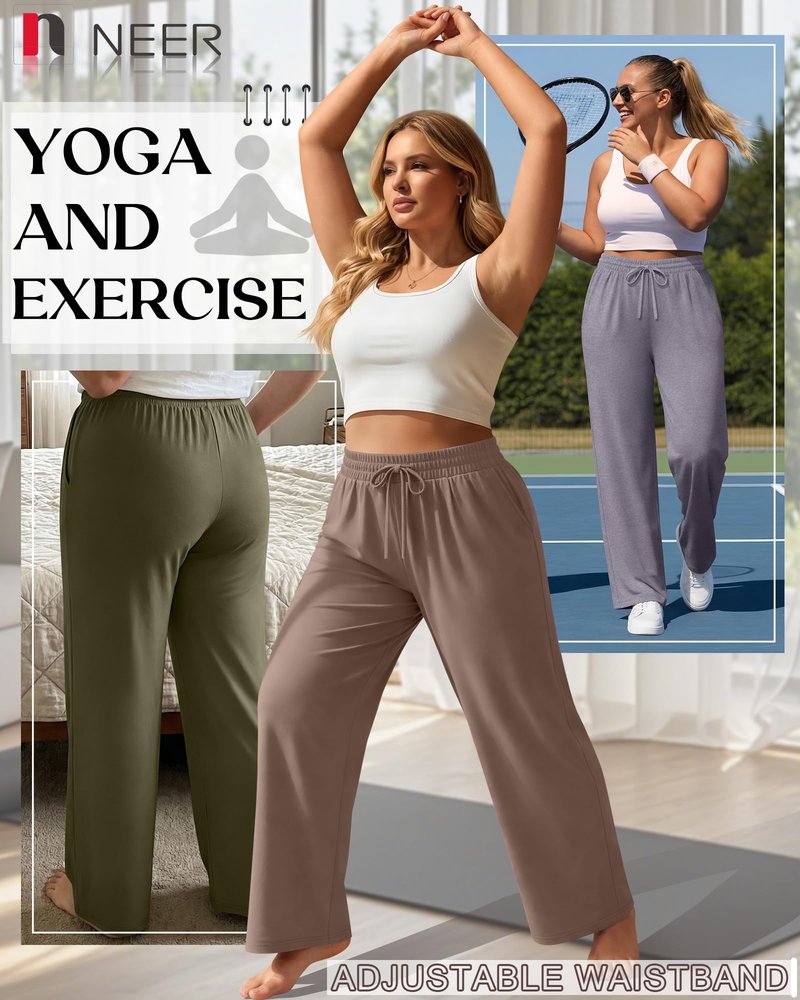 Neer 4 Pack Women's Plus Size Sweatpants Wide Leg Elastic Waist Lounge Yoga Pants Loose Fit Drawstring Jogger with Pockets(Black, Coffee, Army Green, Light Mixed Gray,XX-Large)