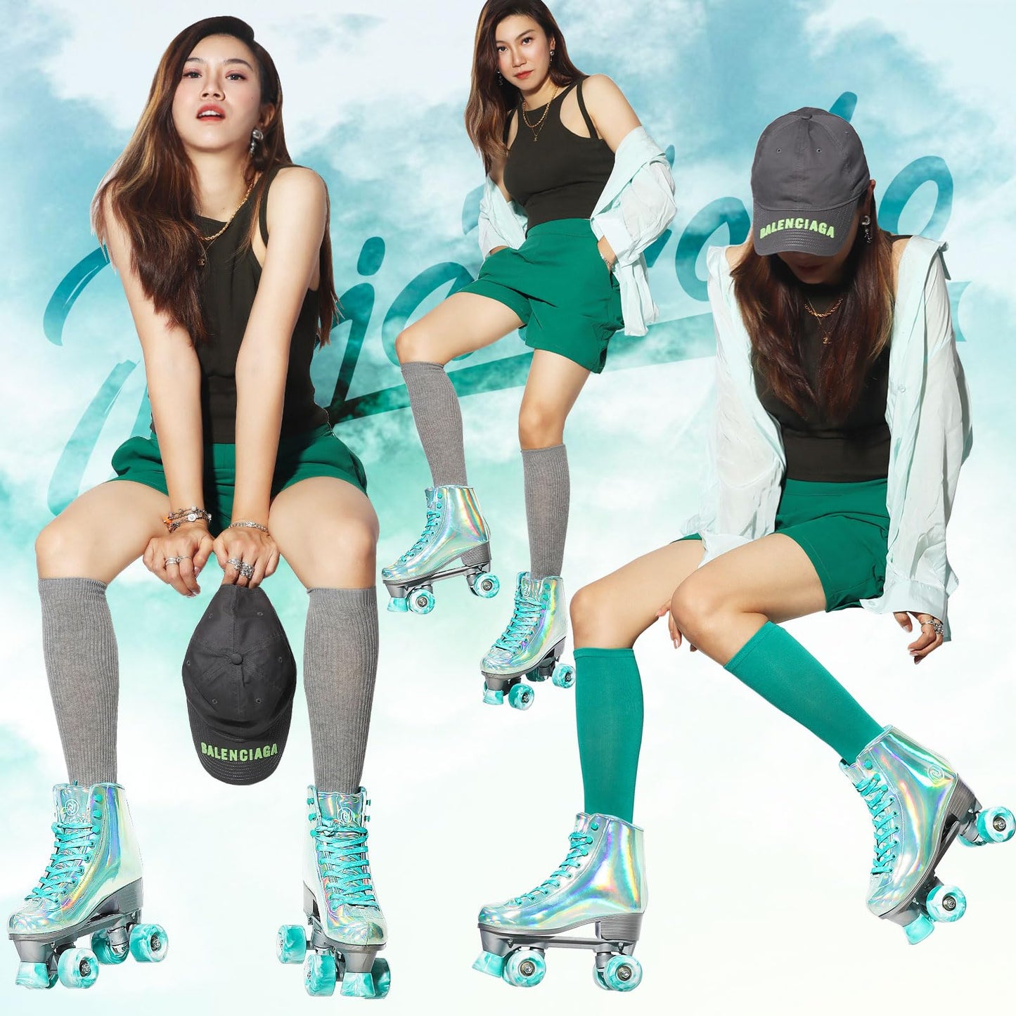 JajaHoho Roller Skates for Women, Shiny Holographic High Top Rollerskates, Double-Row Four Mixture Gradient Wheels Quad Skates for Girls Age 8-50 Indoor Outdoor (Size 8, Mint Green)