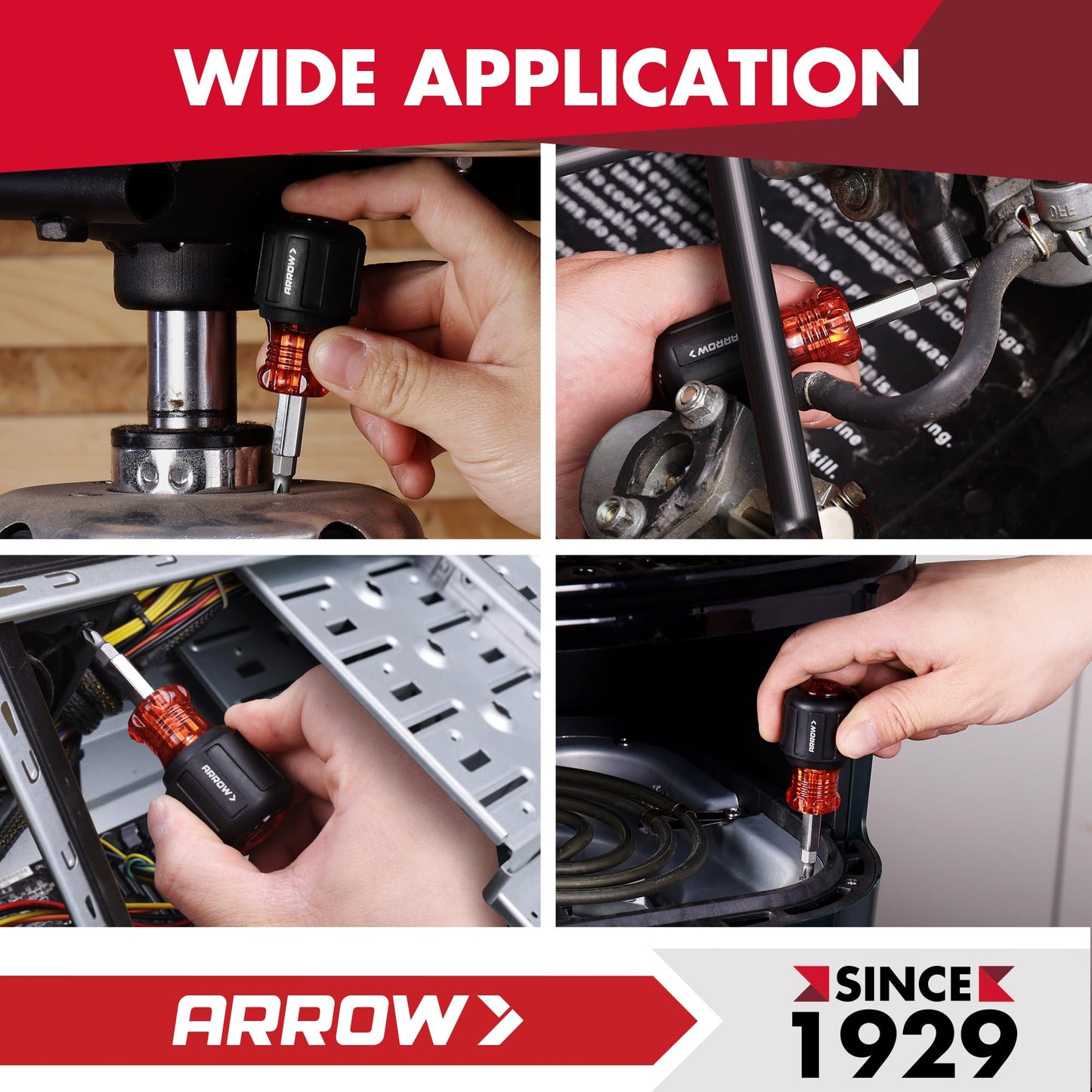 ARROW 5-in-1 Stubby Screwdriver, Multi-Bit Screw Driver & Nut Driver, Premium S2 Steel, Comfortable Grip, with Phillips, Slotted, Hex Socket, for Tight Spaces and Various Screw Tasks