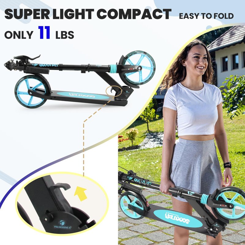Scooter for Ages 8+ Teens and Adults Kick Scooter Foldable with Double Braking System Bells Adjustable Handlebars Kickstand Max Load 220 LBS 8" Big Wheels (Black)