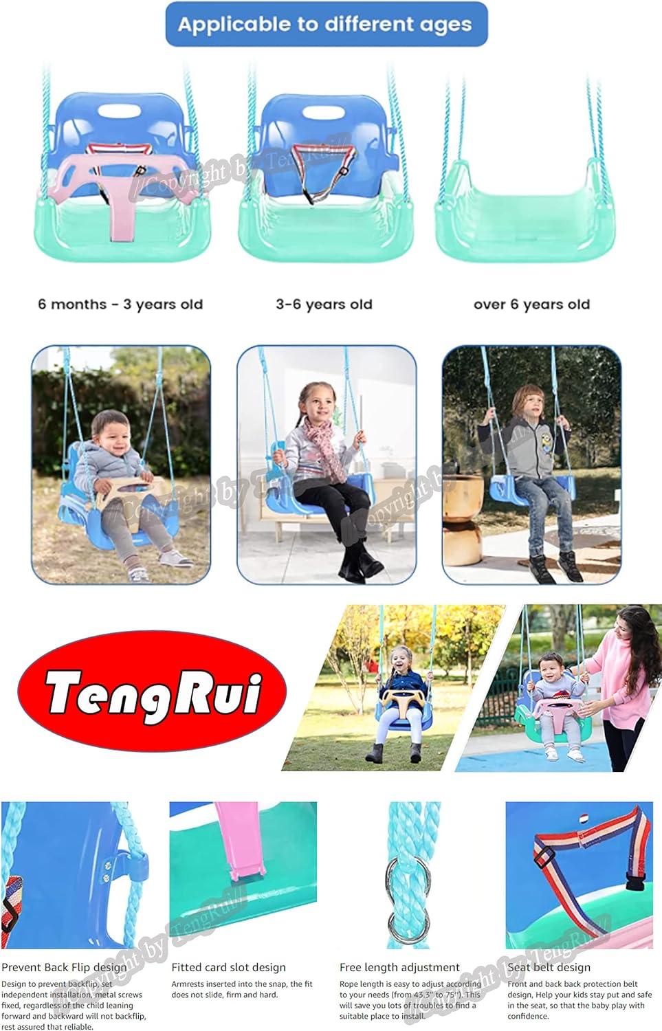 Skiennix 3-in-1 Swing | Anti-Flip Design for Toddlers to Teens | Macarons Color Outdoor Patio Chair (Light Green & Pink)