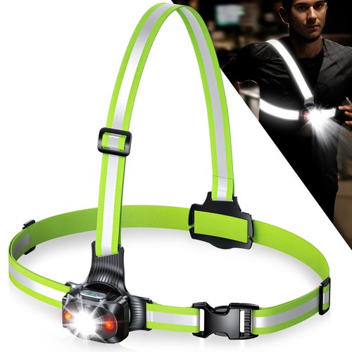 ISEYOU Running Lights for Runners, 500 Lumens Run Light with 360° Reflective Straps, IPX4 Waterproof & USB Rechargeable, 45° Adjustable Chest Running Light Vest for Night Walking, 4-16h Use Time