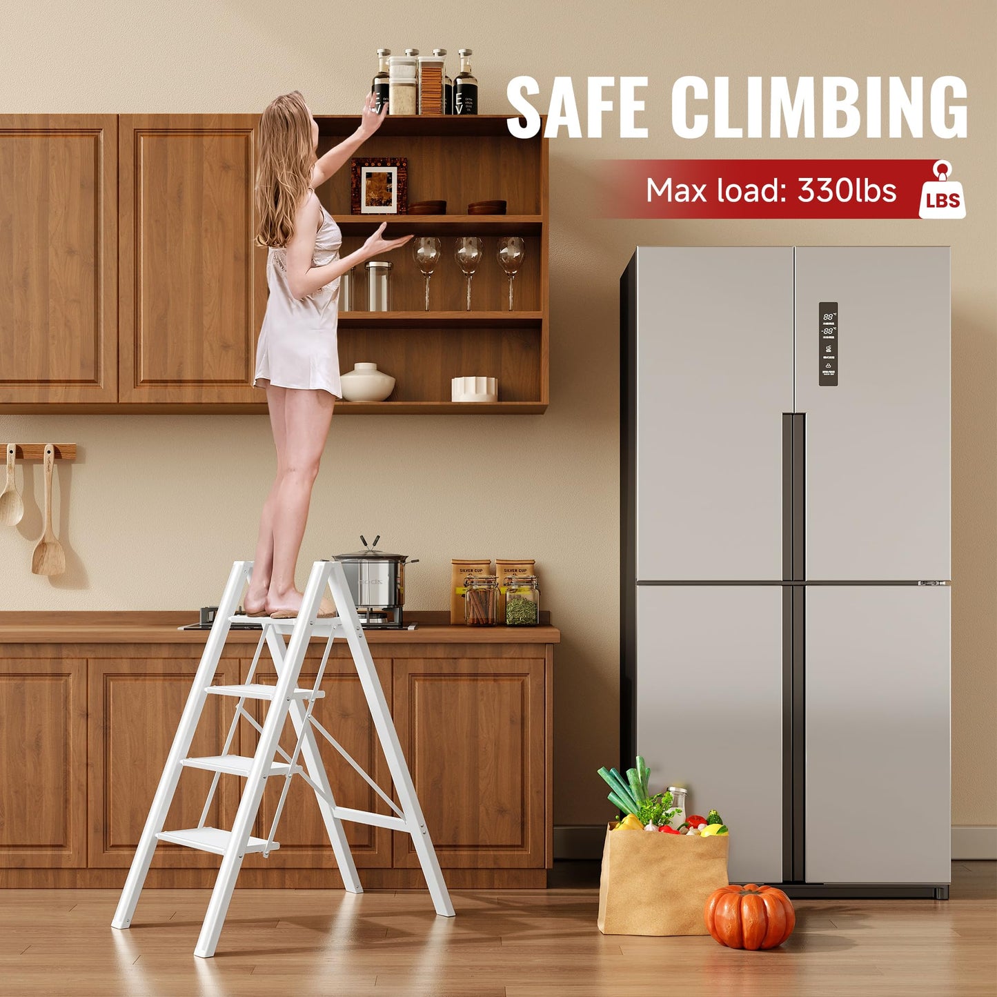 GameGem 4 Step Ladder, Aluminum Folding Step Stool with Anti-Slip Sturdy and Wide Pedal, Lightweight Portable Stepladder for Home and Kitchen Use, Cream White, 330 lbs