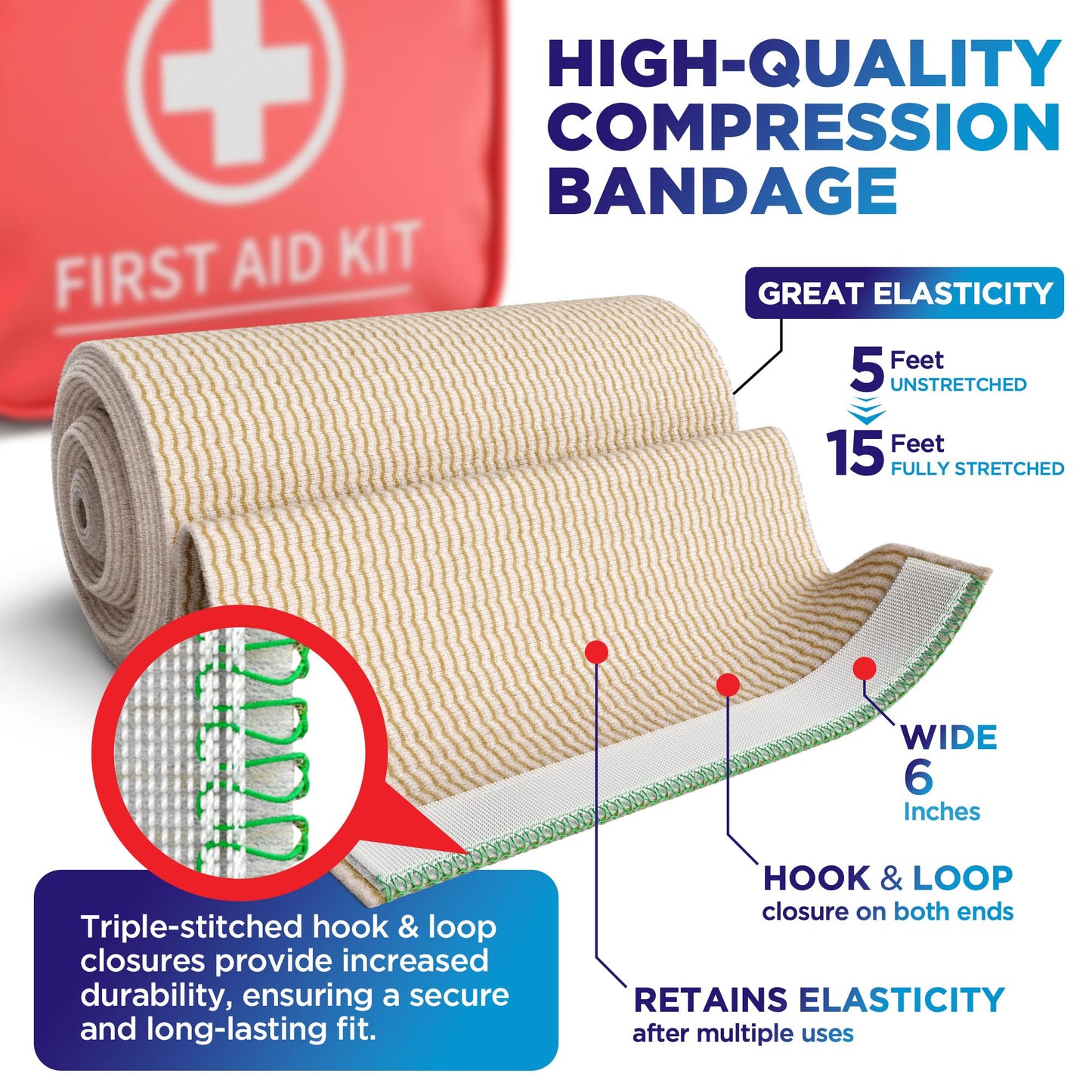 Premium Elastic Bandage Wrap - 6” (5pk) - Strong Compression - Self-Closing Reusable Bandages for Legs, Knee, Back, Abdomen, Lymphedema - Body Wrap - for First Aid Kit and After Surgery Recovery