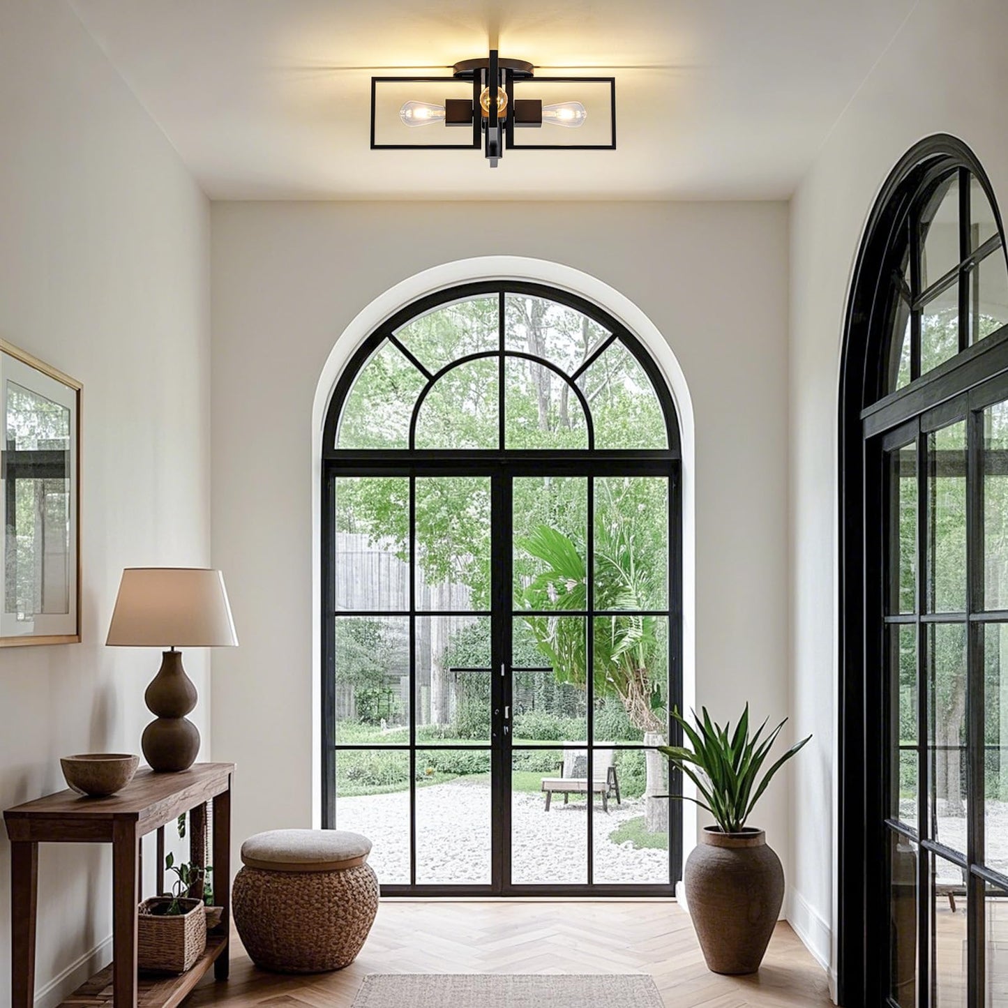 fengkeDU Industrial Ceiling Light Black 4 Light Semi Flush Mount Lights Wood Sputnik Light Fixture 24" Farmhouse Ceiling Light for Kitchen Bedroom Bathroom Foyer Hallway(E26