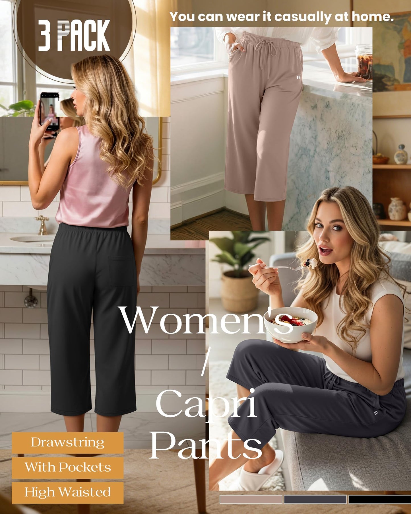 Neer 3 Pack Women's Capri Pants, Wide Leg Basic Sweatpants Lounge Loose Fit Casual Drawstring Yoga Capris with Pockets(Black, Mocha, Dark Gray,X-Large)