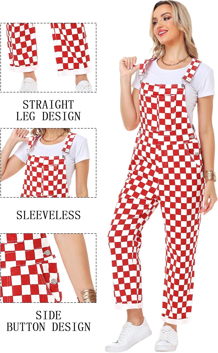 Skiennix Women's Checkered Denim Overalls - Stretchy Cotton Jumpsuit for Comfort & Style