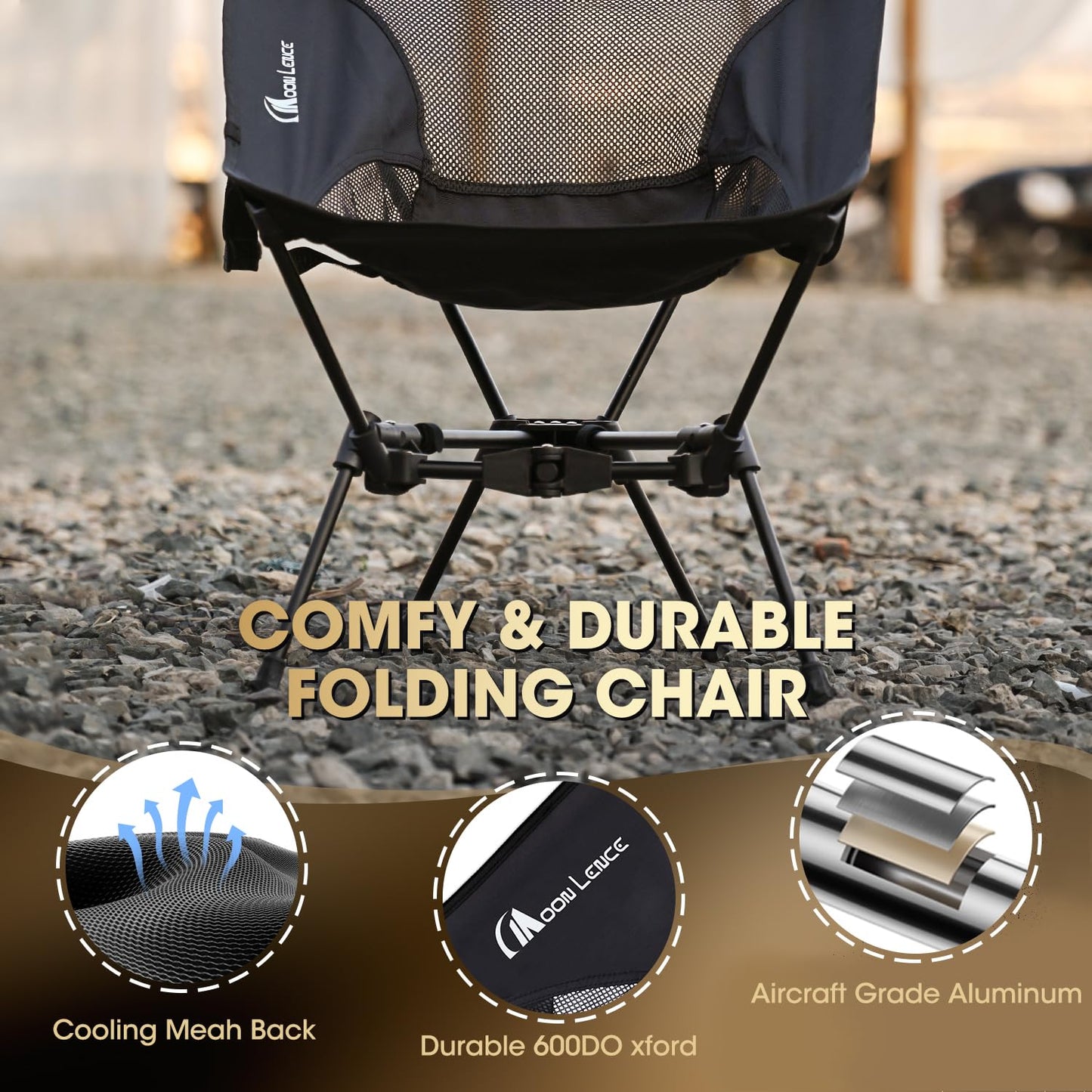 MOON LENCE Portable Camping Chair，Lightweight Backpacking Hiking Chairs,Compact,Foldable,with Anti-Sinking Large Feet for Beach,330 lbs Capacity (Black, Plus)